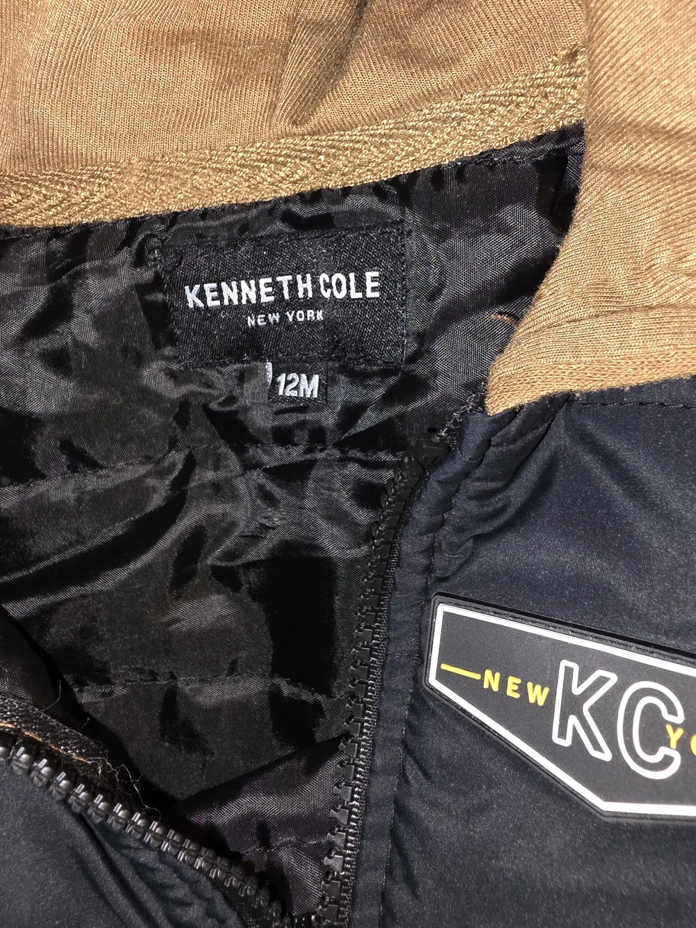 Kenneth Cole Kids Black Puffer Vest Hoodie with Camel Sleeves